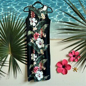 Iolani Made in Hawaii Black Hibiscus Floral Pencil Maxi Dress Size Small